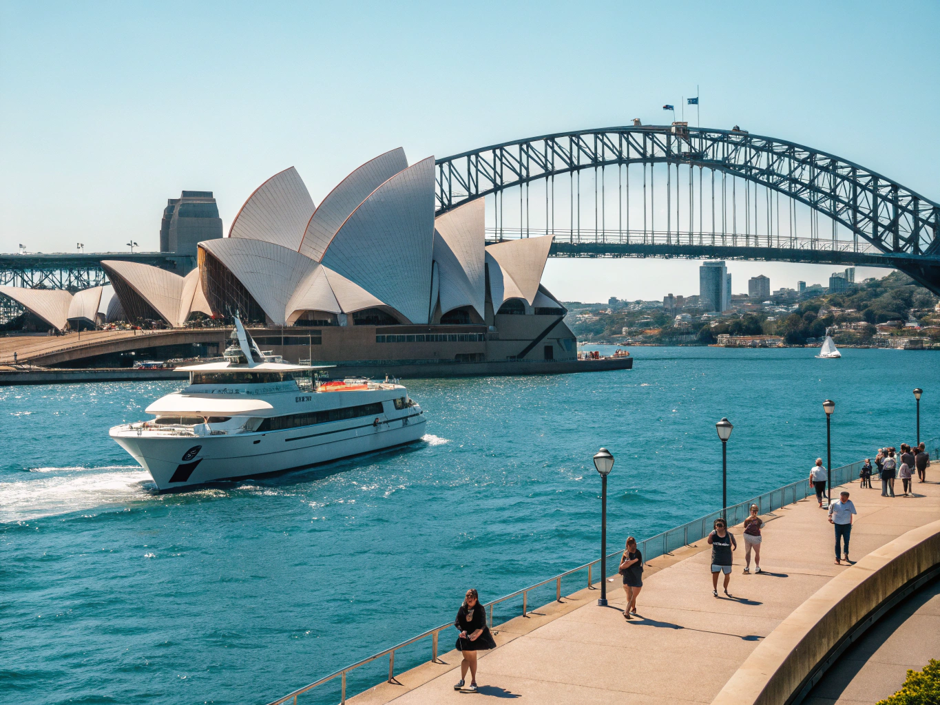 Sydney Opera House and harbour waterfront on a clear sunny day