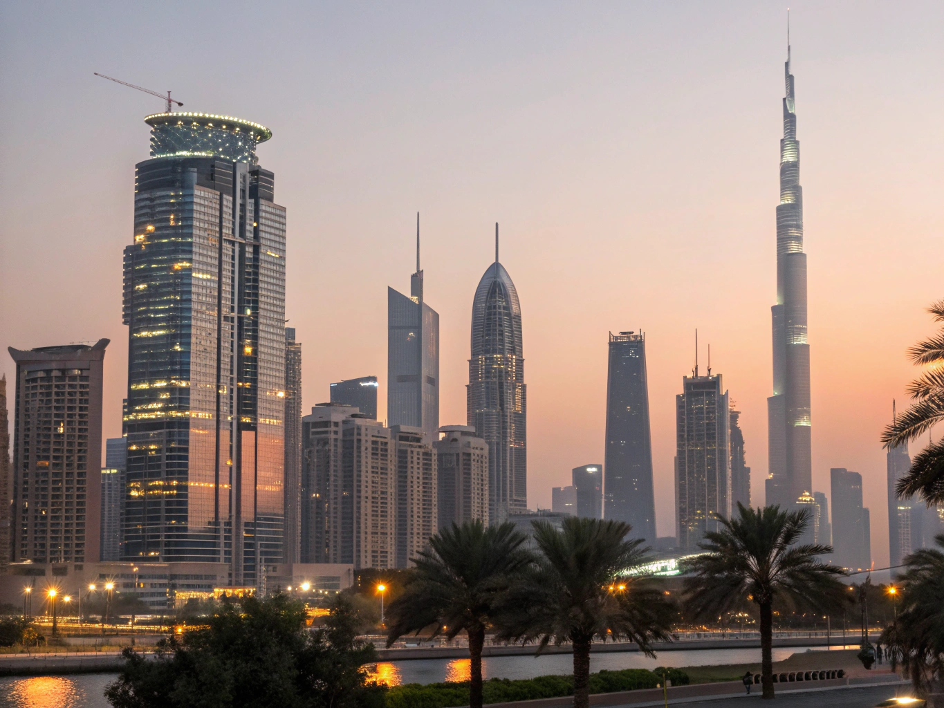 Futuristic Dubai skyline with iconic modern towers at sunset