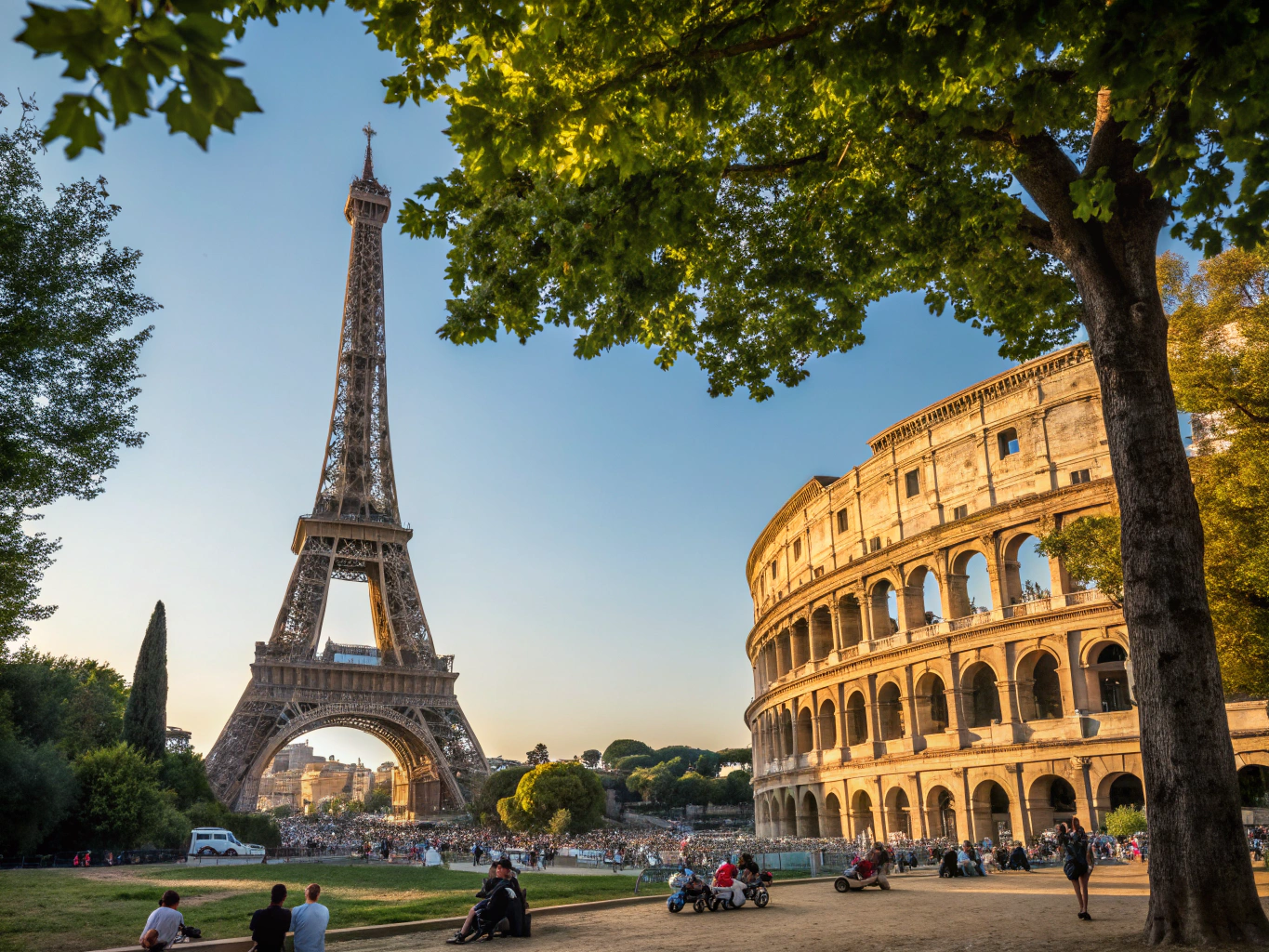Eiffel Tower and European architectural landmarks in soft daylight
