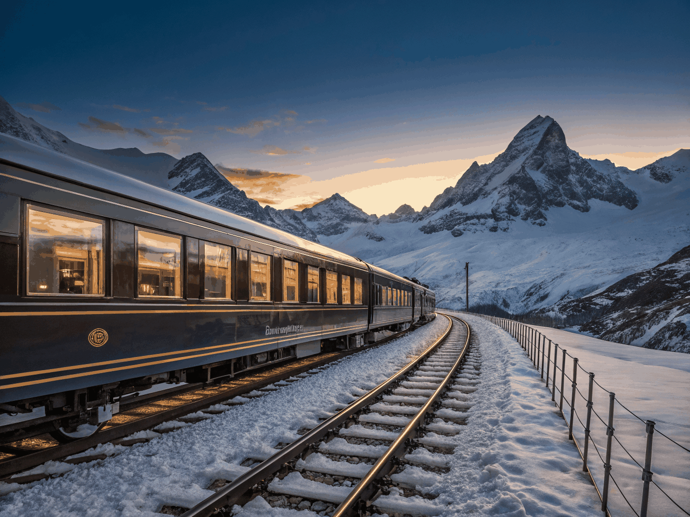 Swiss Alpine mountain express train winding through snowy mountain valleys