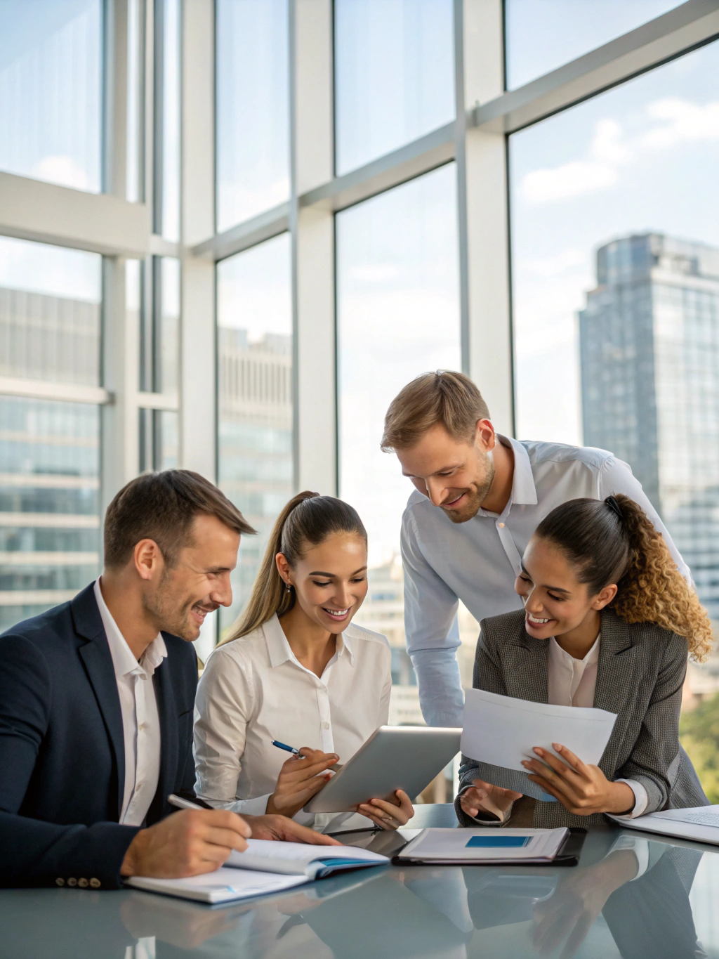 Skilled international professionals collaborating in modern corporate tech district