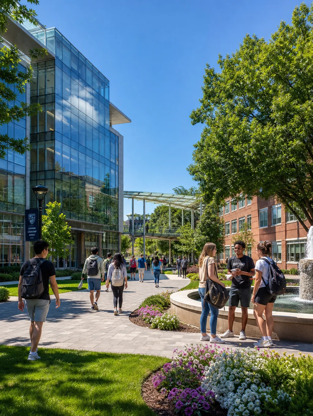 International students walking across a sunny university campus holding books and laptops