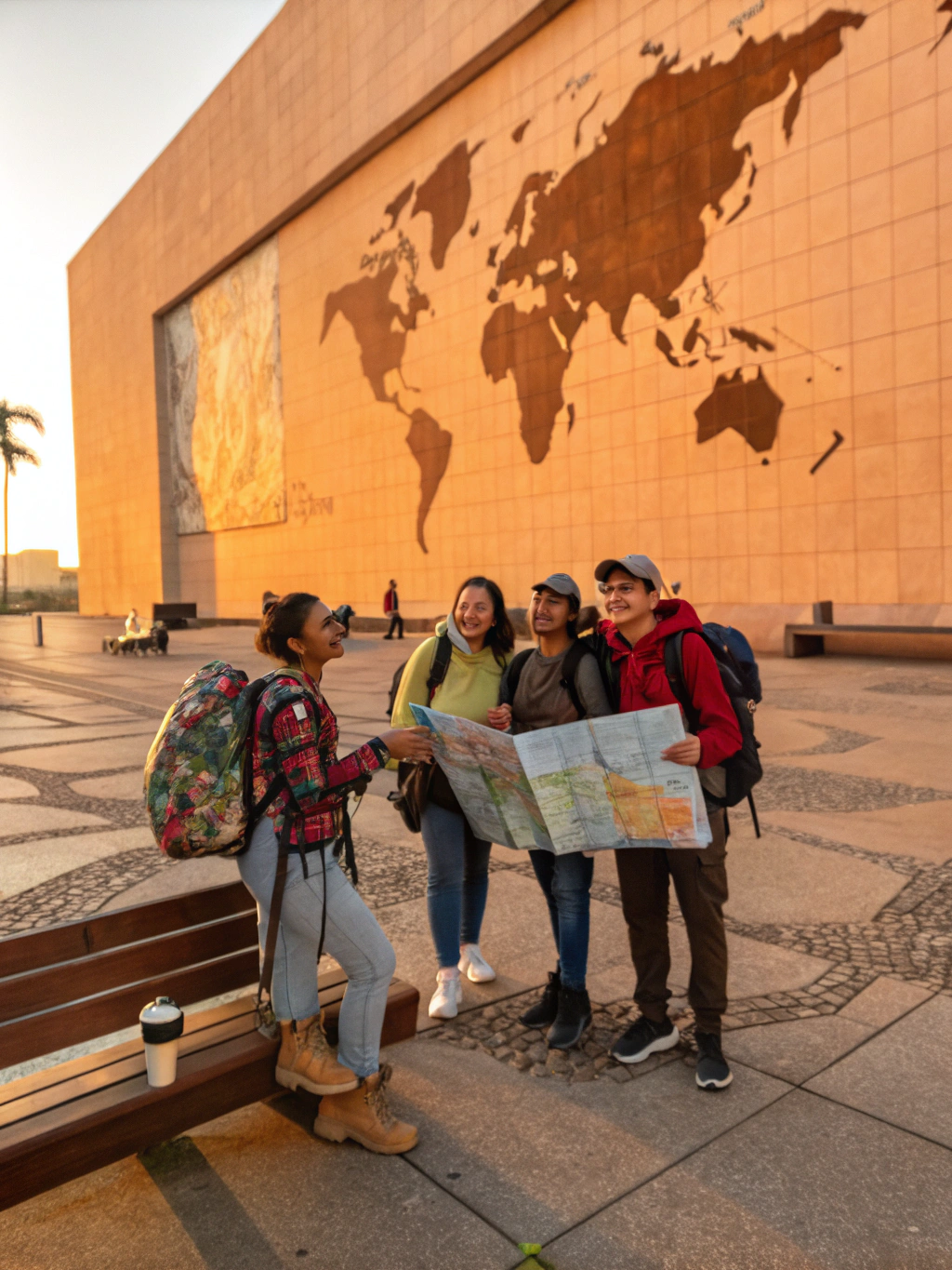 Joyful leisure travelers with luggage exploring European architecture in morning sunlight