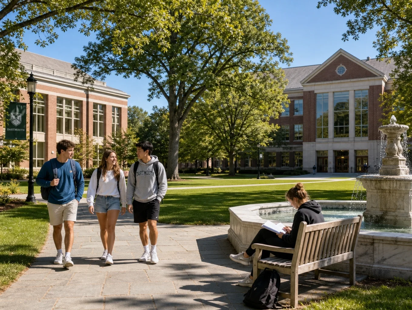 Historic American university quad with studying students